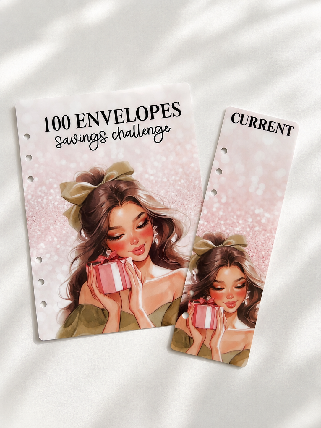 laminated photopaper with illustrations of a woman holding a gift box on a white background