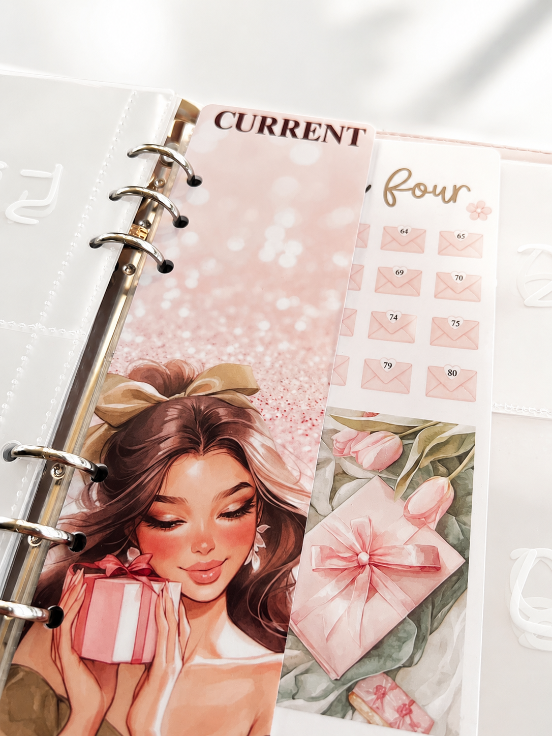 savings tracker with featuring a girl with a bow and gift box